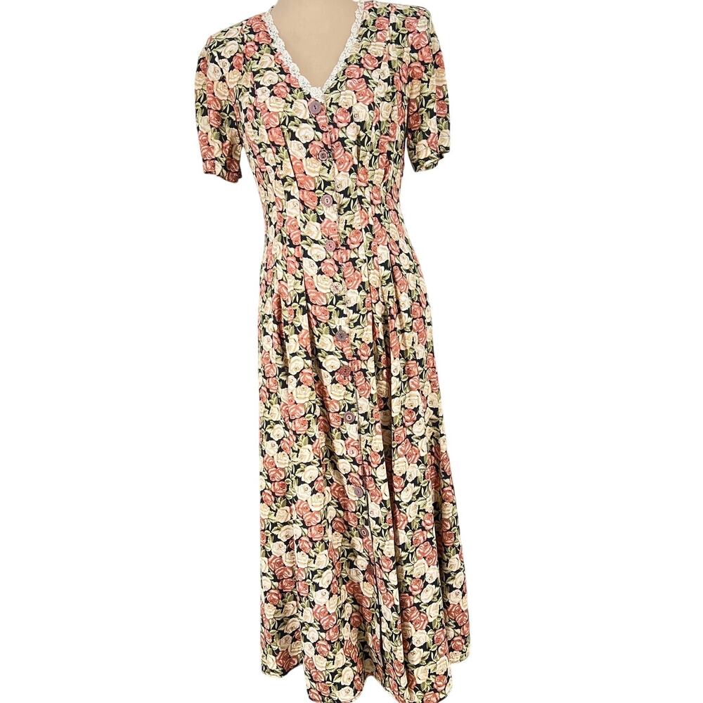 VTG JONI BLAIR  Floral Prairie Style Midi/Maxi Dress Lace Detail Button Front 9
